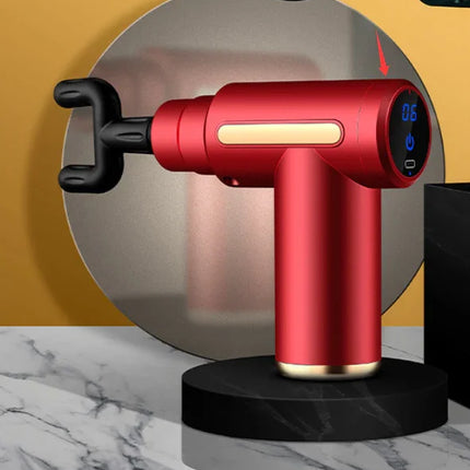 Red handheld massage gun with digital display and black attachment, sleek design for muscle recovery