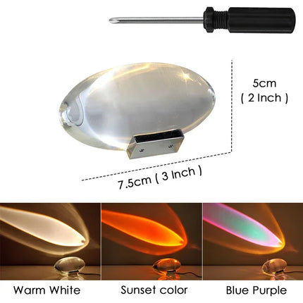 Oval LED night light with warm white, sunset, blue purple colors, 7.5cm x 5cm, sleek design