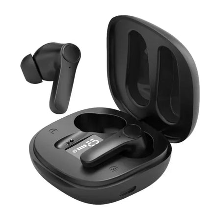 Black wireless earbuds with charging case, sleek design, digital battery display