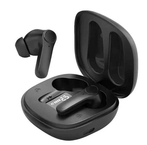 Black wireless earbuds with charging case, sleek design, digital battery display