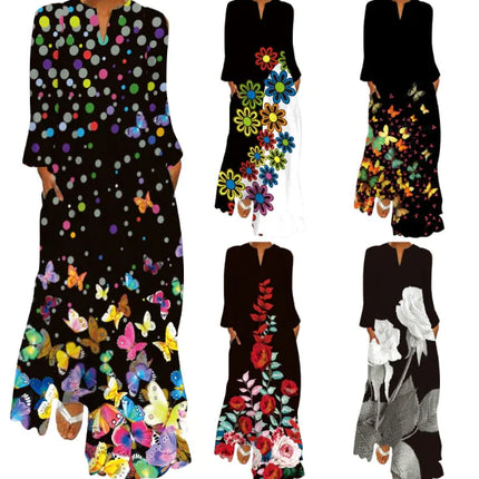 Women’s V-neck Long Sleeve Printed Loose Dress with Pockets