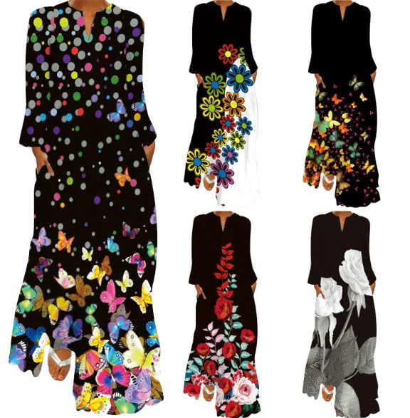 Women’s V-neck Long Sleeve Printed Loose Dress with Pockets