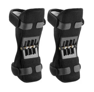 Black knee braces with adjustable straps and metal hinges for support and stability