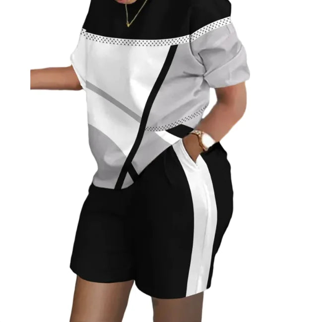 Women’s Printed Two-Piece Commuter Set – Short-Sleeve Top & Matching Shorts