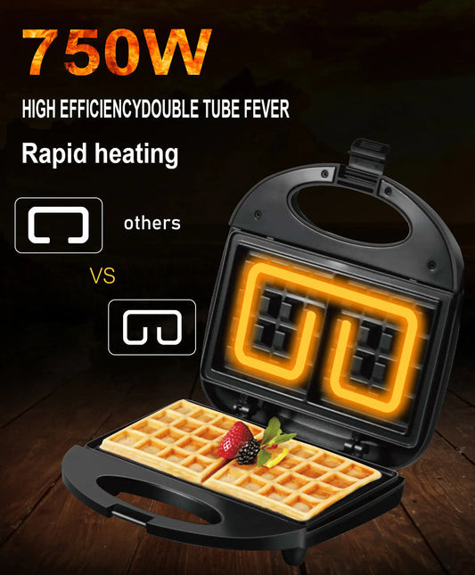 3-in-1 Waffle & Sandwich Maker – Compact Breakfast Machine (750W)