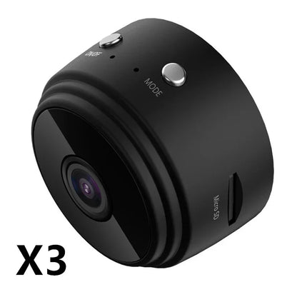 Compact black mini camera with lens, mode button, and Micro SD slot for portable video recording