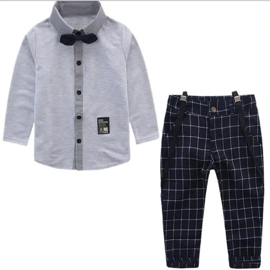 Boys’ Formal Outfit with Cotton Shirt & Suspender Pants – British Style Bow Tie Set