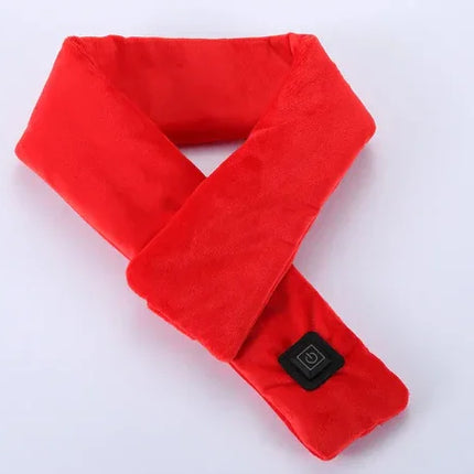 Red plush heated neck wrap with black control button, cozy design for warmth and relaxation