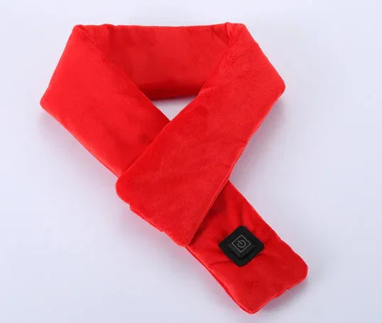 Red plush heated neck wrap with black control button for relaxation and comfort