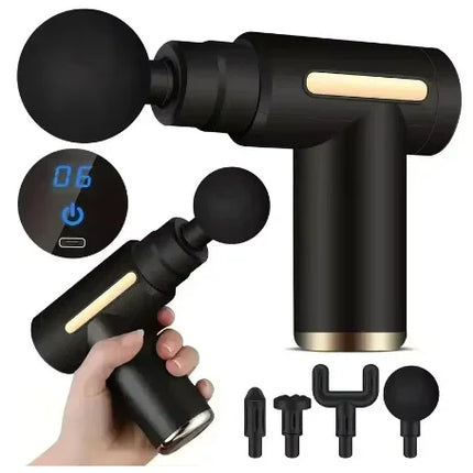 Black handheld massage gun with gold accents, digital display, and interchangeable heads for muscle relief