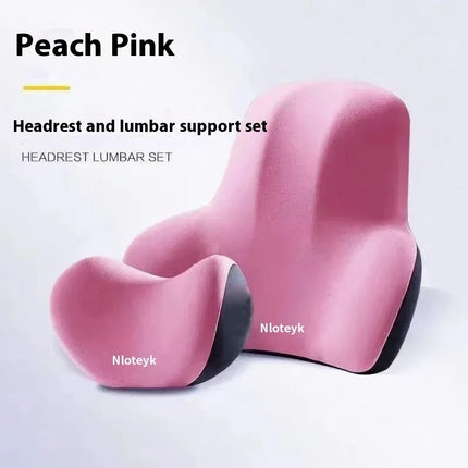 Peach pink headrest and lumbar support set with ergonomic design for comfort