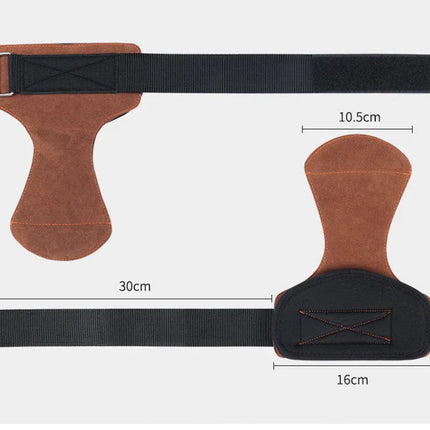 Brown and black adjustable fitness strap with measurements for home workouts