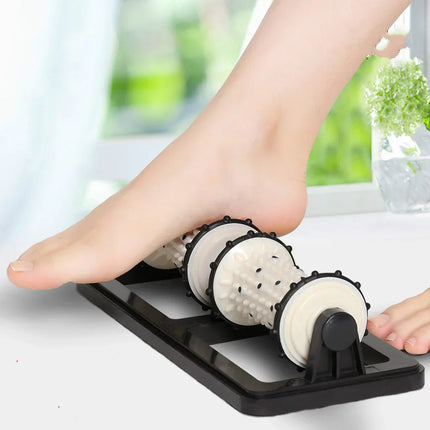 Black and white foot massager roller with textured rollers for arch and sole massage