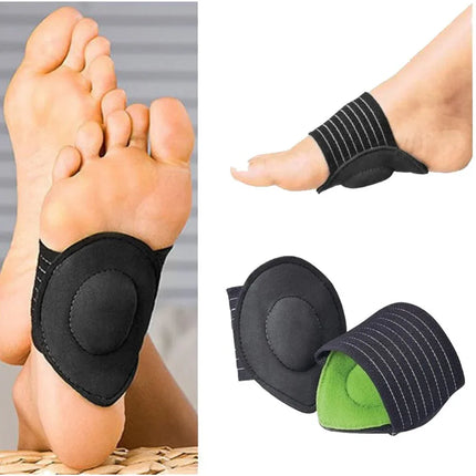 Black foot arch support pads with green cushion, designed for comfort and pain relief