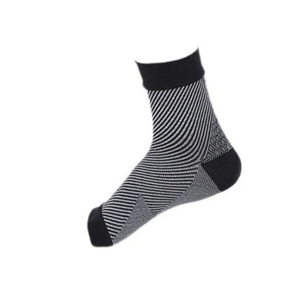 Black and gray striped ankle sock with reinforced toe and heel, breathable design for comfort
