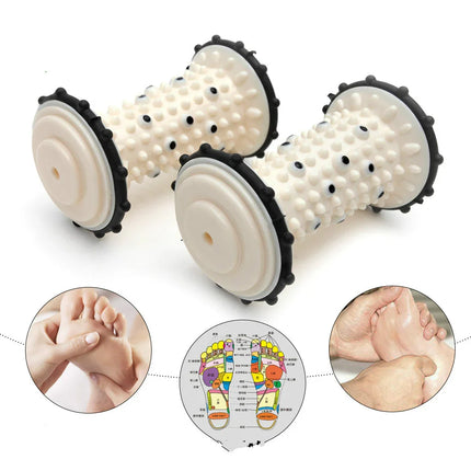 White spiked foot roller massager with black ends, for reflexology and plantar fasciitis relief