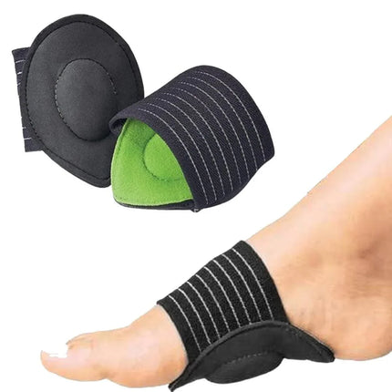 Black heel cushion with green padding, striped design for foot comfort and support