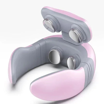 Pink and gray neck massager with 4 rolling nodes for relaxation and muscle relief