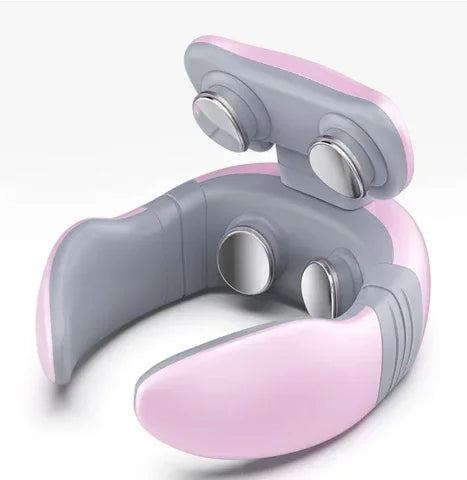 Pink and gray neck massager with dual rollers for relaxation and muscle relief