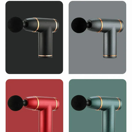 Portable massage gun in black, gray, red, and green with gold accents for muscle recovery