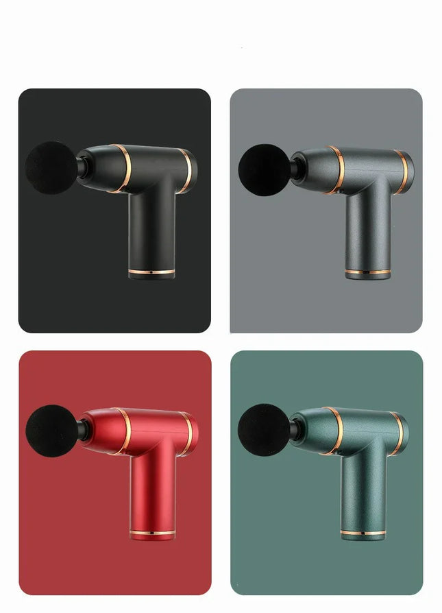 Portable massage gun in black, gray, red, and green with gold accents for muscle recovery