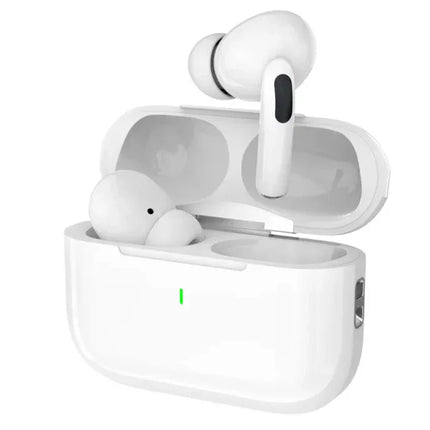 White wireless earbuds with charging case, sleek design, green LED indicator