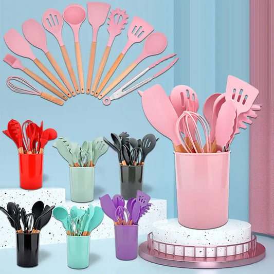 12-Piece Non-Stick Silicone Kitchen Tool Set with Wooden Handles – Heat Resistant & Dishwasher Safe