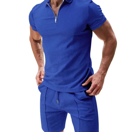 Men’s Waffle Knit Polo Shirt & Drawstring Shorts Set – Stylish Casual Summer Outfit