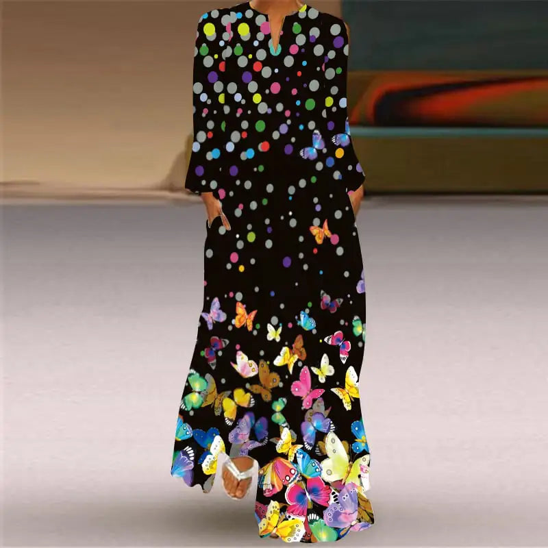 Women’s V-neck Long Sleeve Printed Loose Dress with Pockets