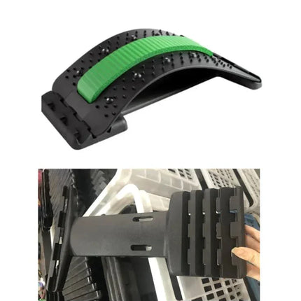 Black back stretcher with green cushion, ergonomic design for spine alignment and posture correction