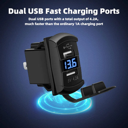Dual USB Charger Socket with LED Voltmeter & Rocker Switch Panel – Car & Boat Power Adapter