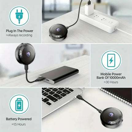 Compact black USB security camera with 1.5hr battery, 30hr power bank, and always-on plug-in recording