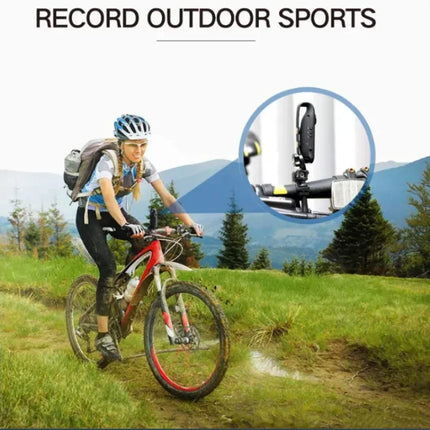 Black bike-mounted action camera recording outdoor mountain biking on trail