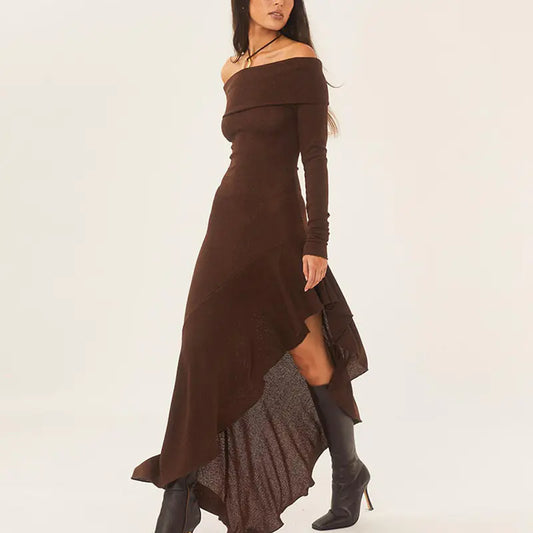 Off-Shoulder Long Sleeve Dress – Irregular Asymmetric Skirt Design