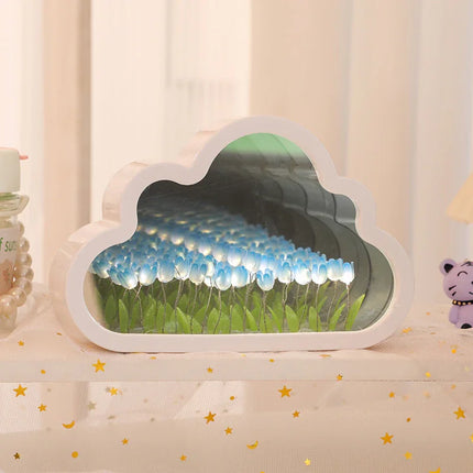 Cloud-shaped LED night light with blue tulips and green leaves, white frame, decorative home ambiance