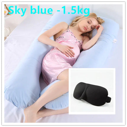 Sky blue 1.5kg full body pregnancy pillow with black sleep eye mask, supporting side sleeper comfort