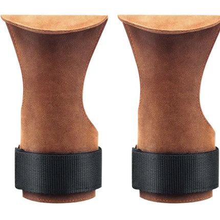 Brown leather grip gloves with black wrist straps for weightlifting and fitness training