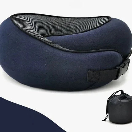 Navy blue travel neck pillow with mesh design and adjustable strap, includes compact carry bag