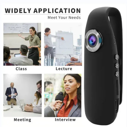 Black portable body camera with wide-angle lens, ideal for lectures, meetings, interviews, and classroom use