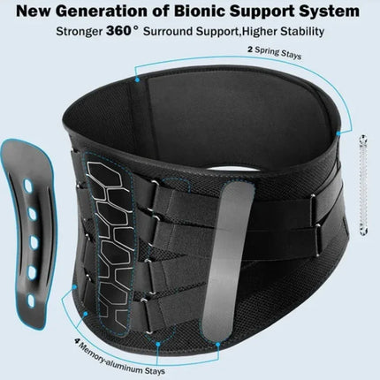 Black bionic back support belt with 360° surround support, 2 spring stays, 4 memory-aluminum stays for stability