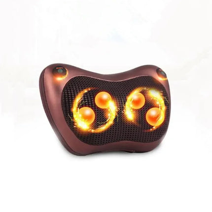 Brown massage pillow with glowing orange nodes for neck and back relief