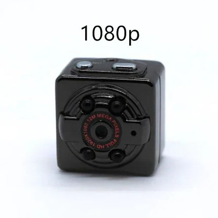 Black 1080p mini cube camera with 12MP sensor, compact design for home security or personal use