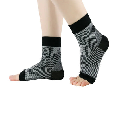 Black and gray geometric patterned compression foot sleeves with open toes for arch support and comfort