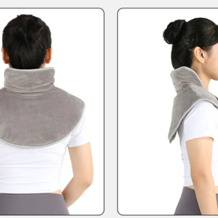 Gray heated neck wrap for shoulder and neck pain relief, soft plush design, shown from back and side views