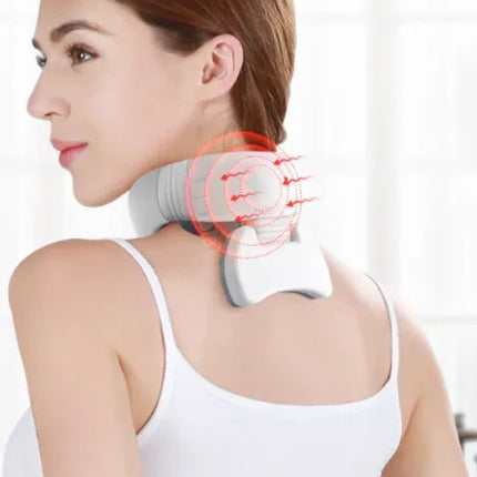 White neck massager with red vibration graphics, worn for shoulder and neck relief, ergonomic design