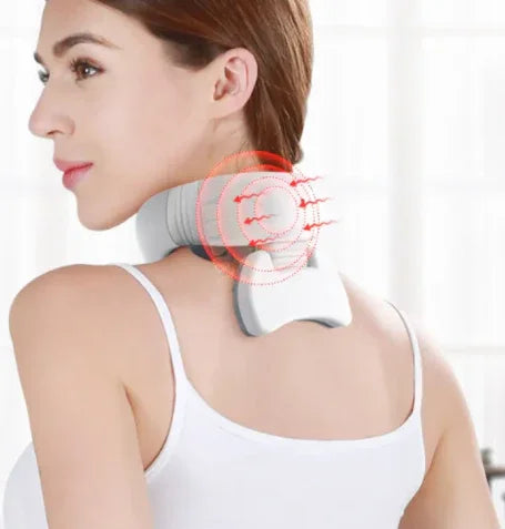 White neck massager with red vibration lines for shoulder and neck relief