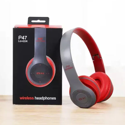 Red and gray P47 wireless headphones with 5.0+EDR, sleek design, and control buttons