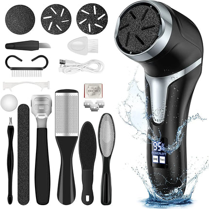 Black electric foot file with LCD display, waterproof design, and 15-piece pedicure kit for callus removal
