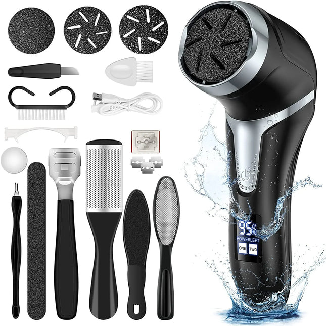 Black electric foot file with LCD display, waterproof design, and 15-piece pedicure kit for callus removal