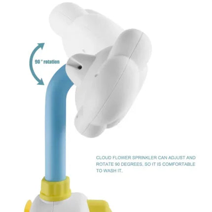 Adjustable cloud flower sprinkler with 90-degree rotation, blue neck, yellow base, white flower design